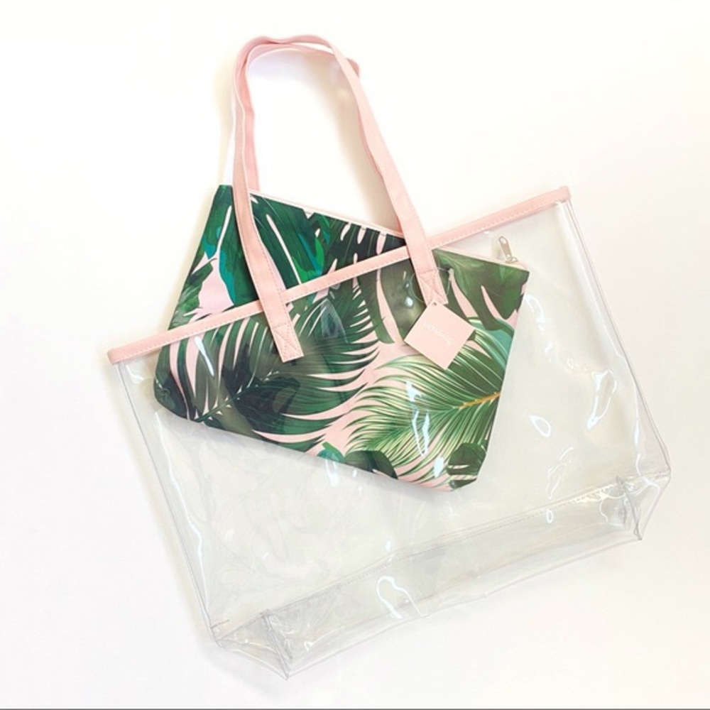 Transparent tote with tropical leaf pouch